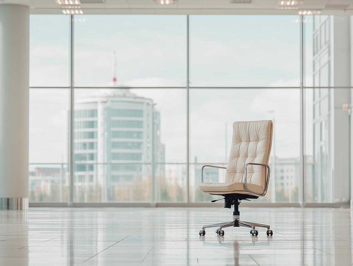 Heller Bürostuhl vor einer Fensterfront mit Blick auf Hochhäuser