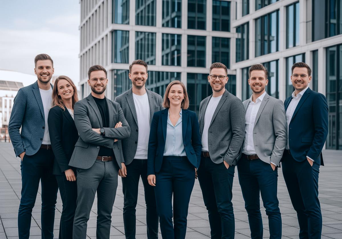 Gruppe von Geschäftsleuten vor einem Bürogebäude