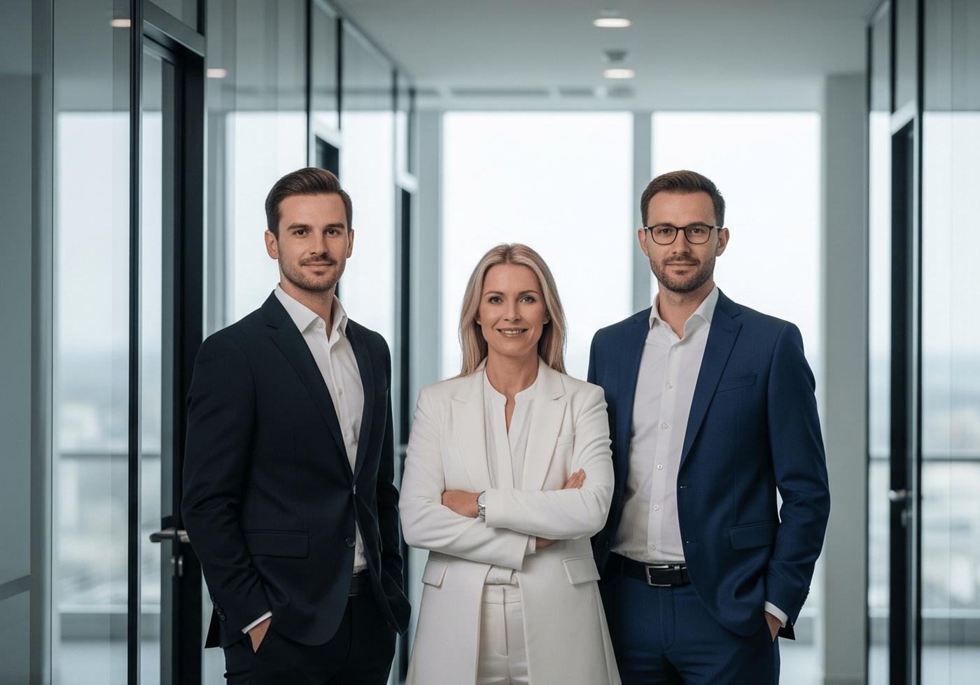 Drei Personen in Businesskleidung stehen in einem Büro mit Fensterfront